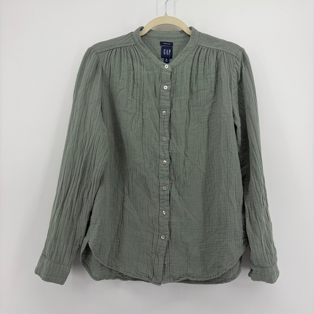 GAP Womens Medium Sage Green Crinkle Gauze Button Down Band Collar Shirt